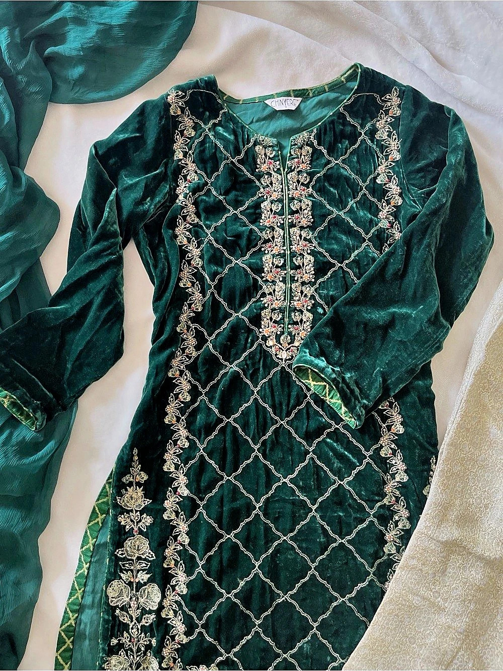 Chinyere Green jewel tone 3 piece Velvet Embroidered Suit! Pakistani designer dr